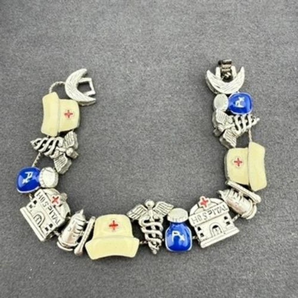 Nurse Medical Themed Charm Bracelet Enamel Caduceus Hospital Rx Link Silver Tone